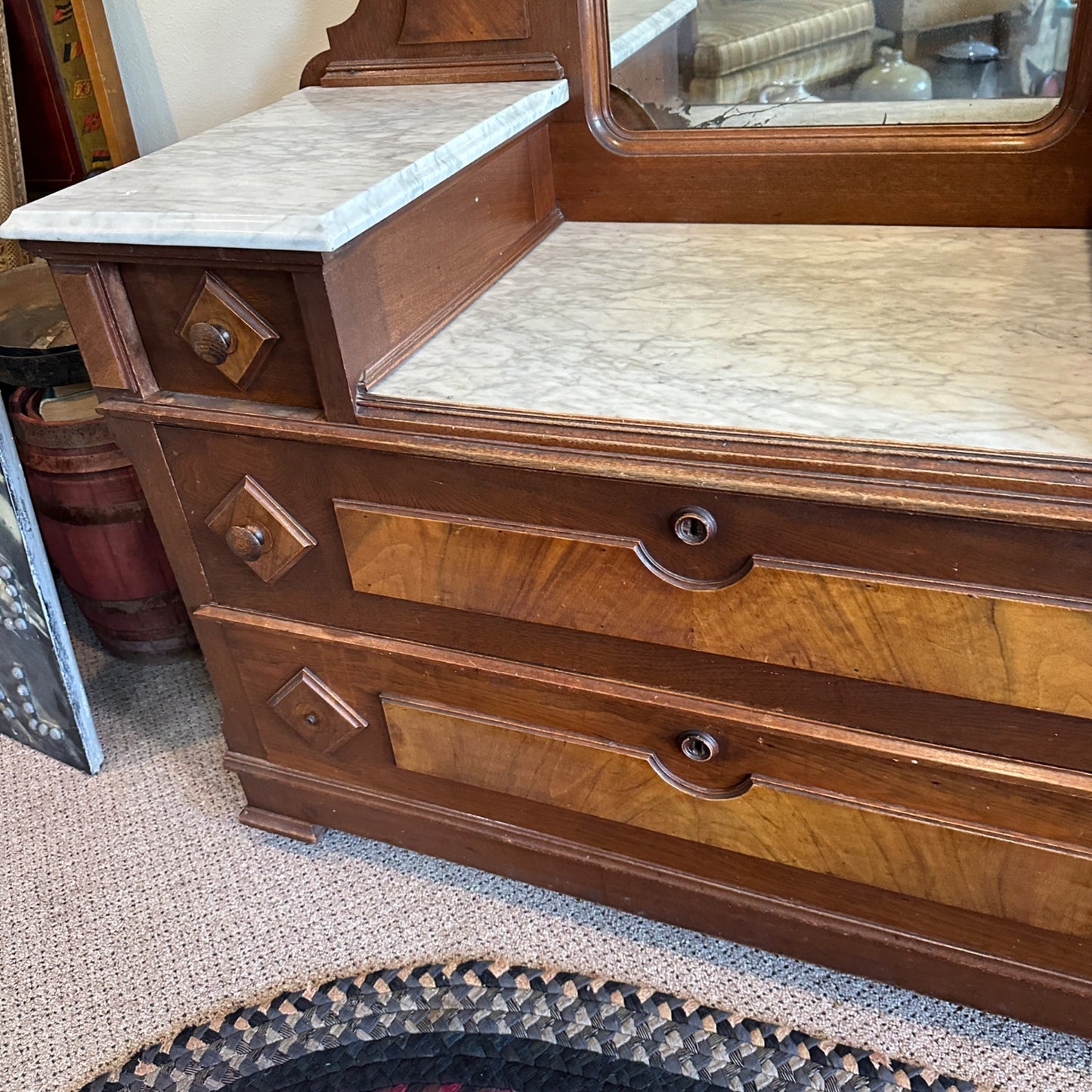 Antique Two-Tone Wooden Dresser W/ Mirror and Granite Top Orante