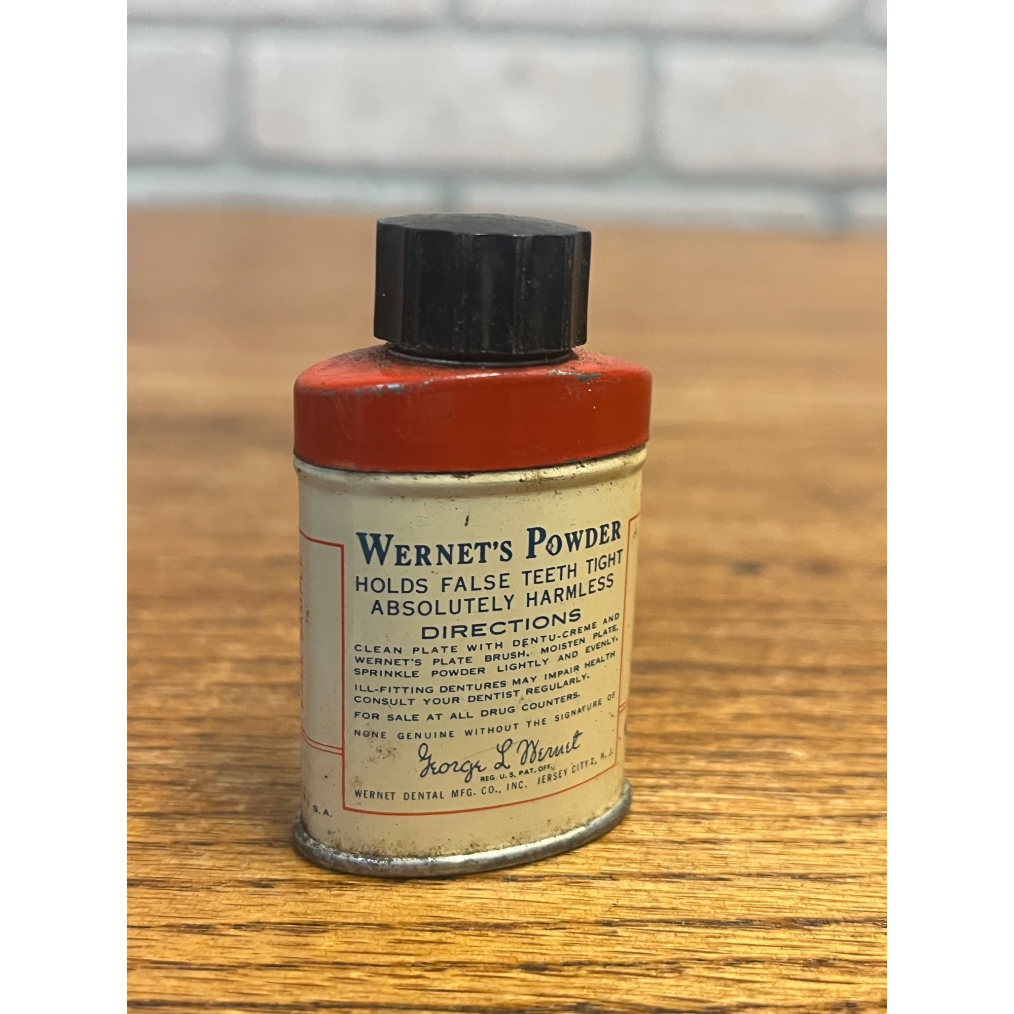Vintage Wernet's Denture Powder Tin Small Trial Size Plastic Cap ADA Accepted False Teeth Adhesive