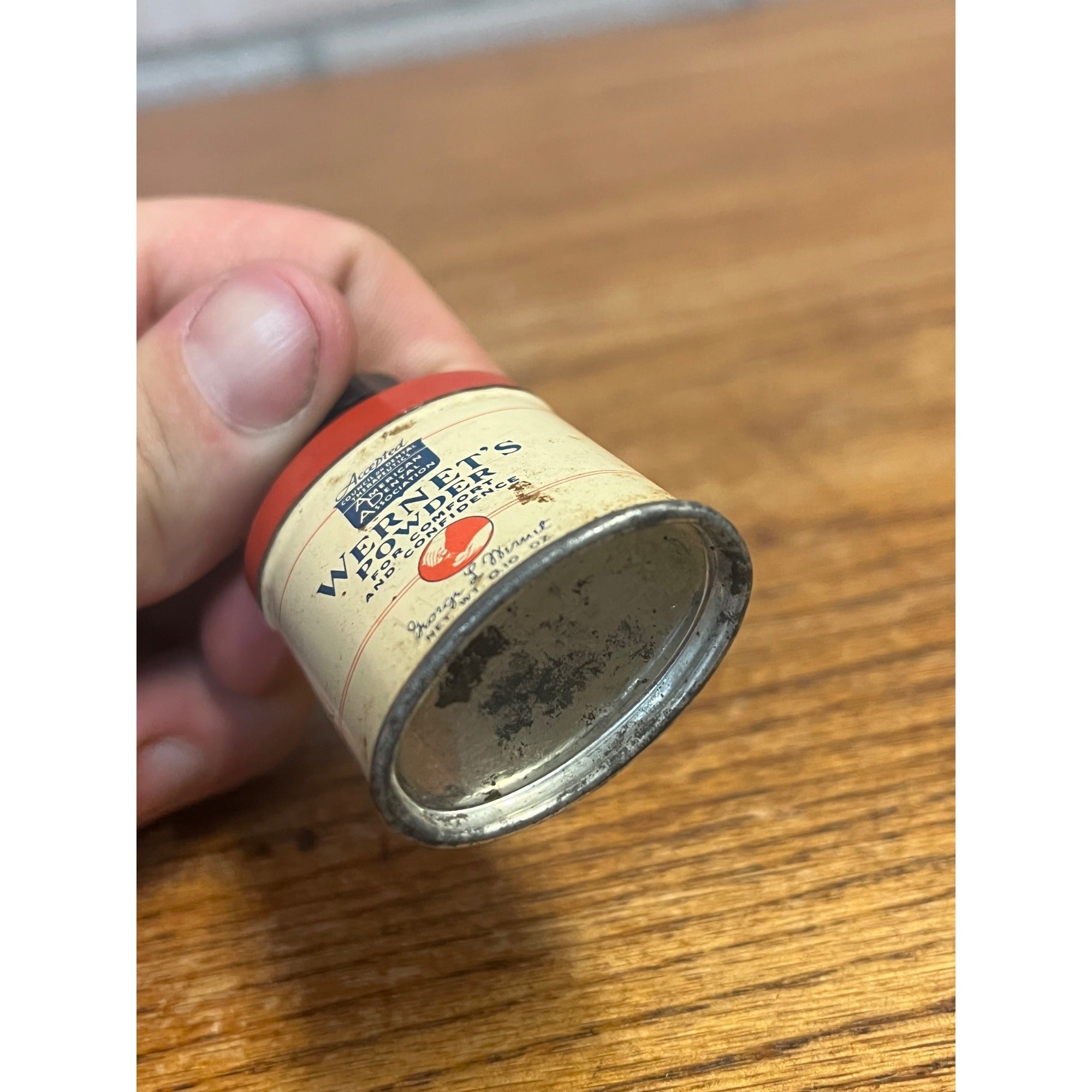 Vintage Wernet's Denture Powder Tin Small Trial Size Plastic Cap ADA Accepted False Teeth Adhesive