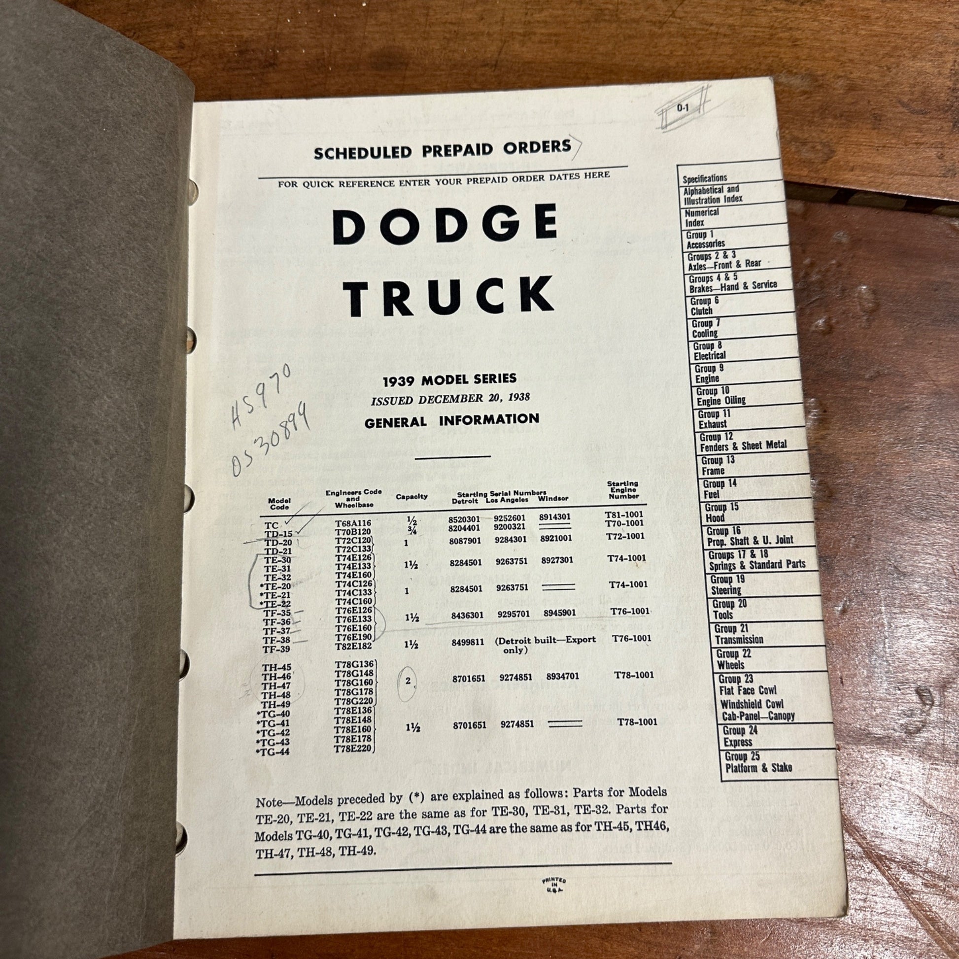 Vintage Dodge Truck Parts List Book - 1939 Models - Chrysler Corp Catalog