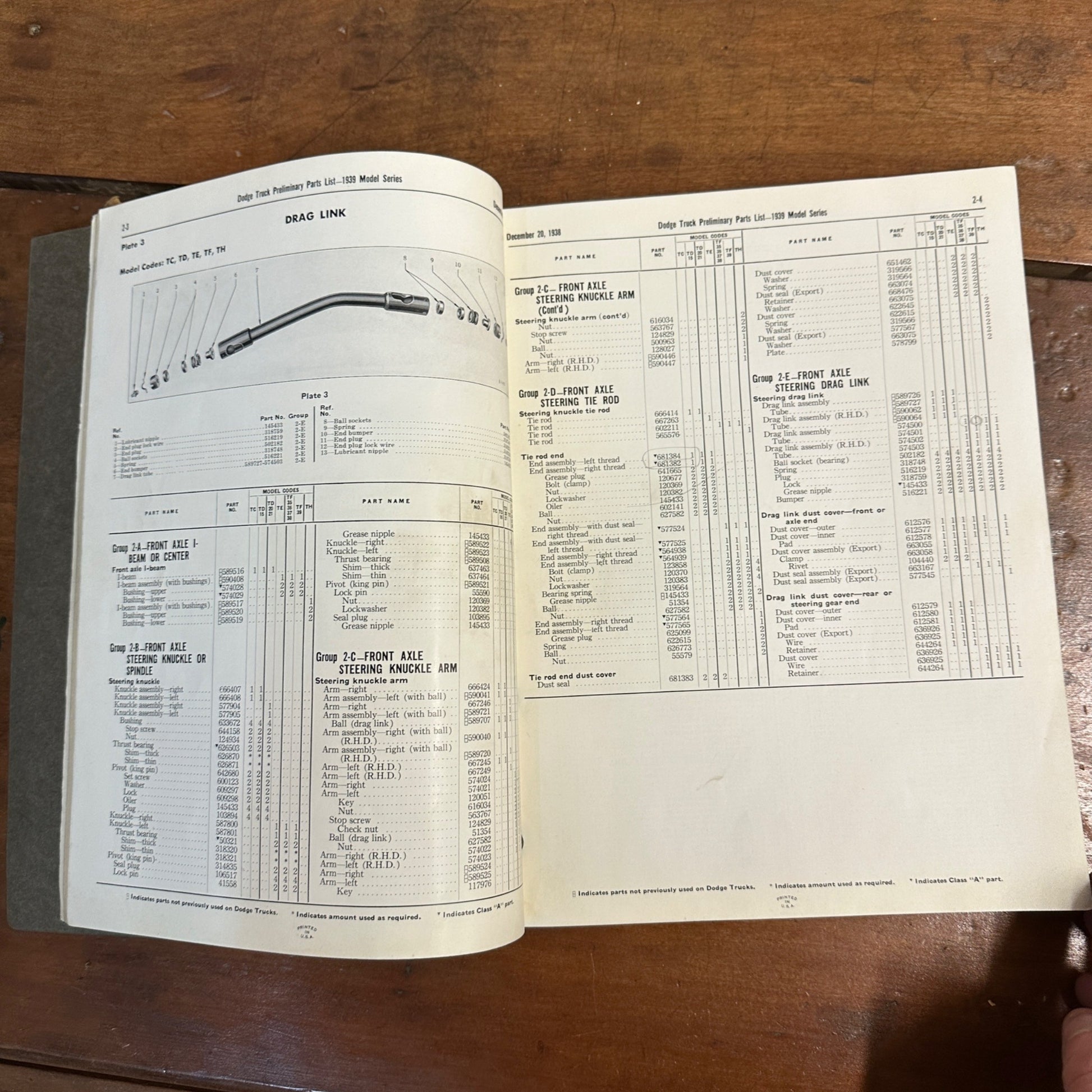 Vintage Dodge Truck Parts List Book - 1939 Models - Chrysler Corp Catalog