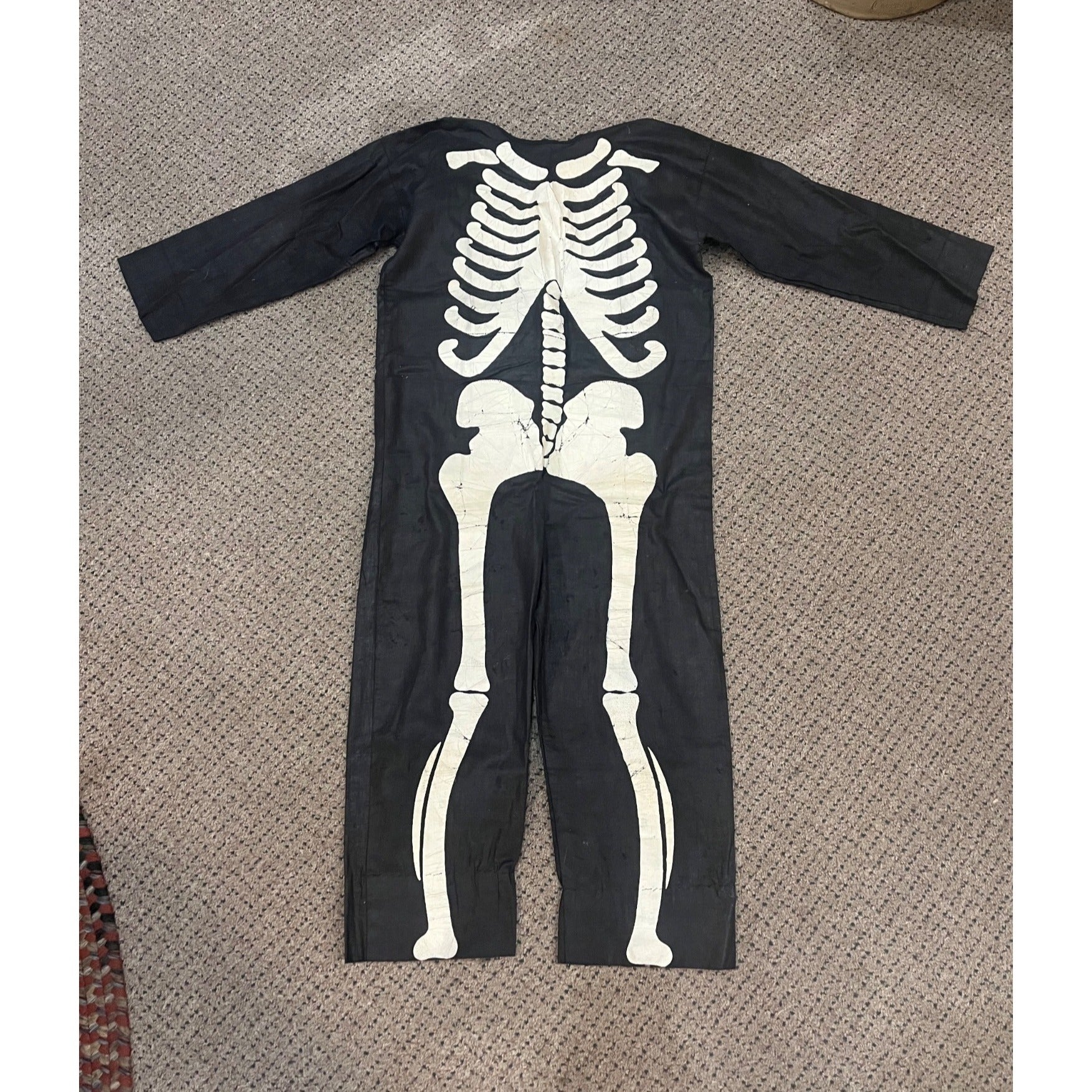 Vintage 1920s-30s Child's Skeleton Halloween Costume Black Cloth w Painted Bones