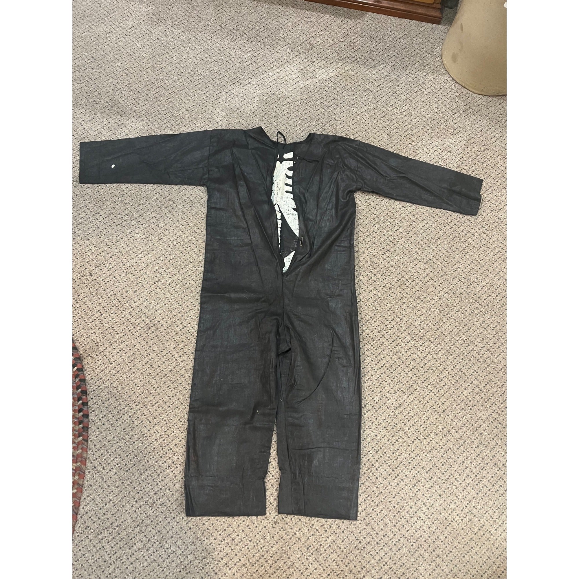 Vintage 1920s-30s Child's Skeleton Halloween Costume Black Cloth w Painted Bones