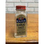Vintage Rajah Garlic Salt Glass Jar with Red Metal Shaker Lid