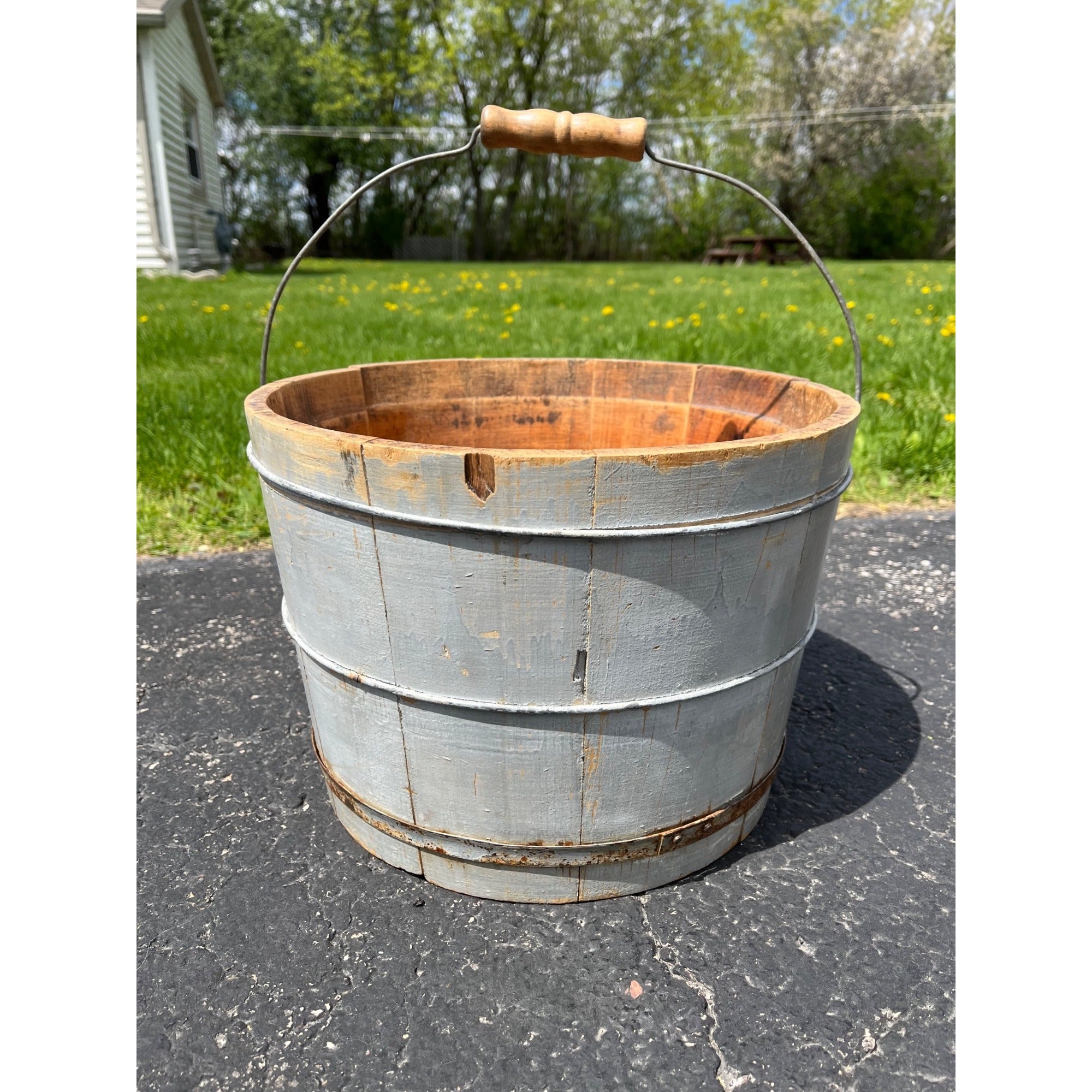 Antique Primitive 19th c Original Blue Gray Paint Wood Stave Syrup Pail Bucket