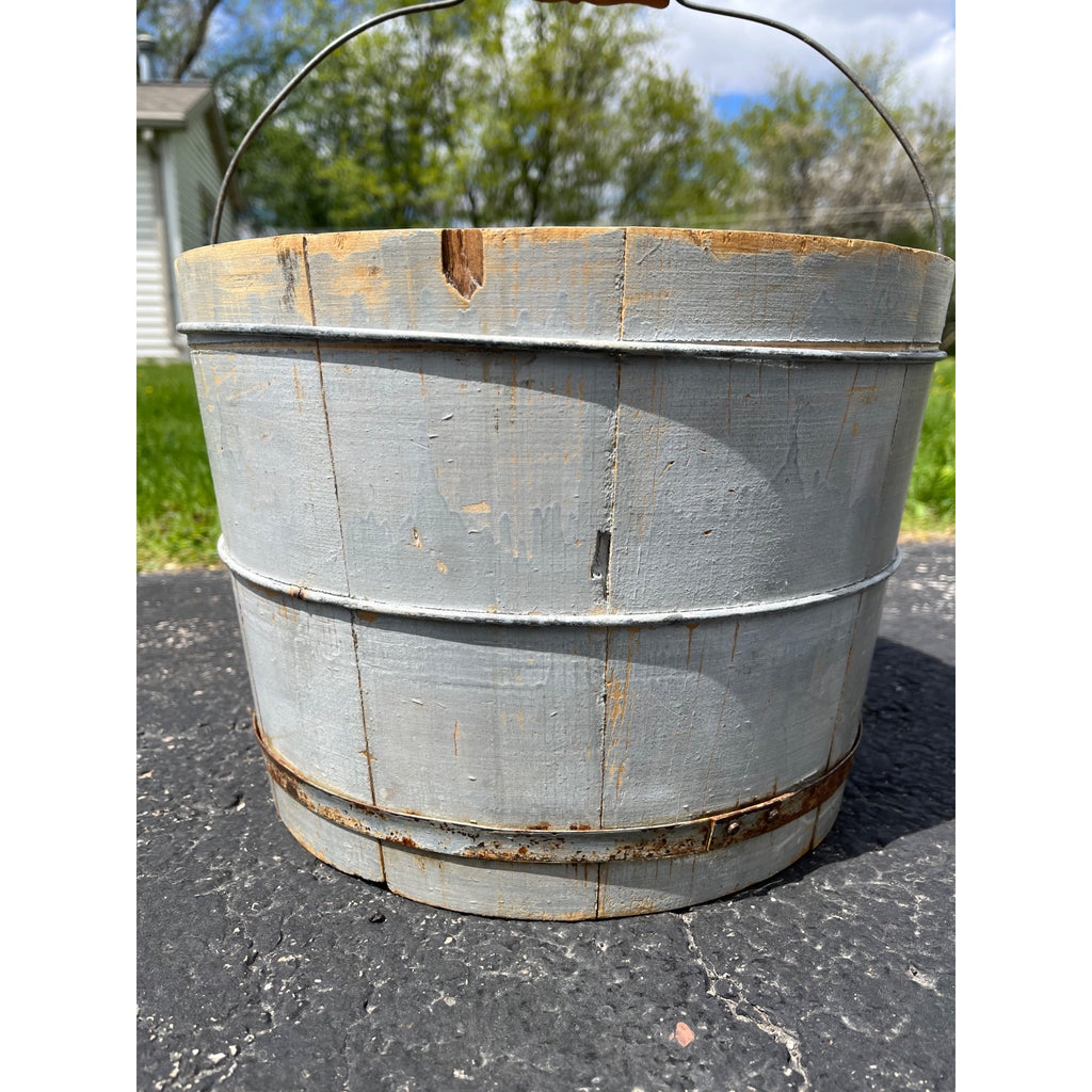 Antique Primitive 19th c Original Blue Gray Paint Wood Stave Syrup Pail Bucket