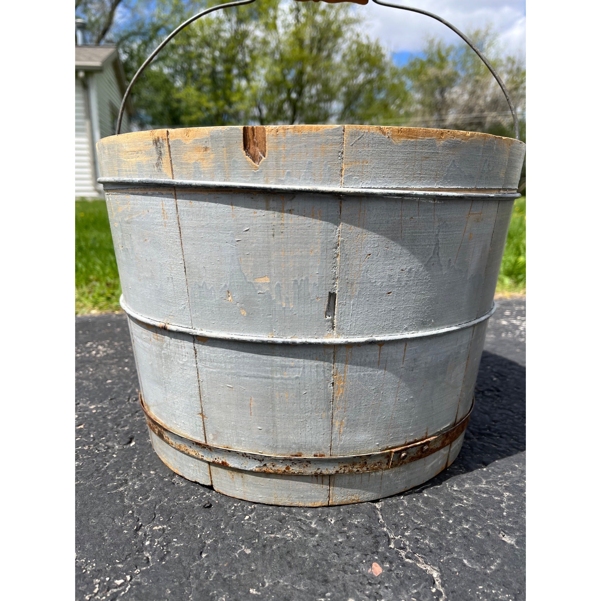Antique Primitive 19th c Original Blue Gray Paint Wood Stave Syrup Pail Bucket