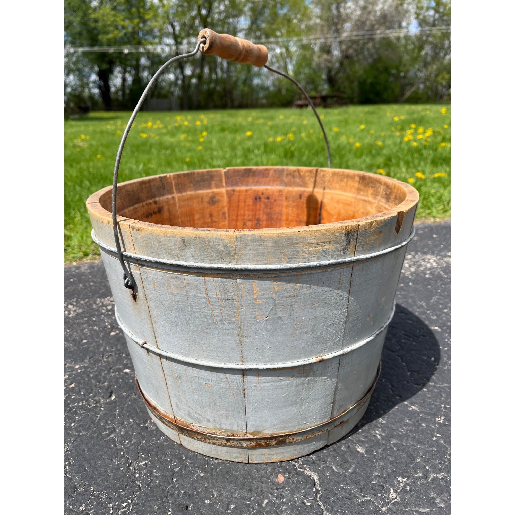 Antique Primitive 19th c Original Blue Gray Paint Wood Stave Syrup Pail Bucket