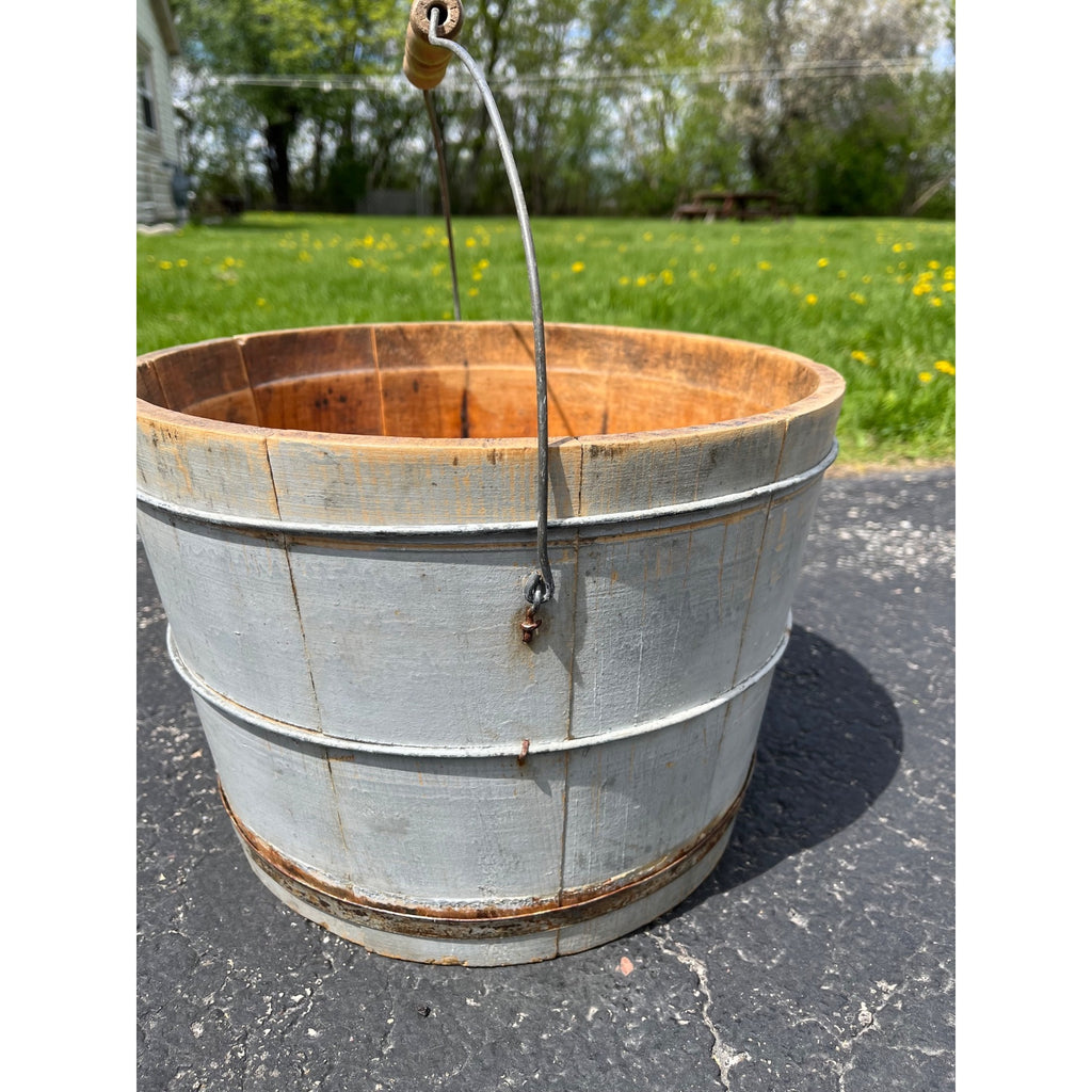 Antique Primitive 19th c Original Blue Gray Paint Wood Stave Syrup Pail Bucket