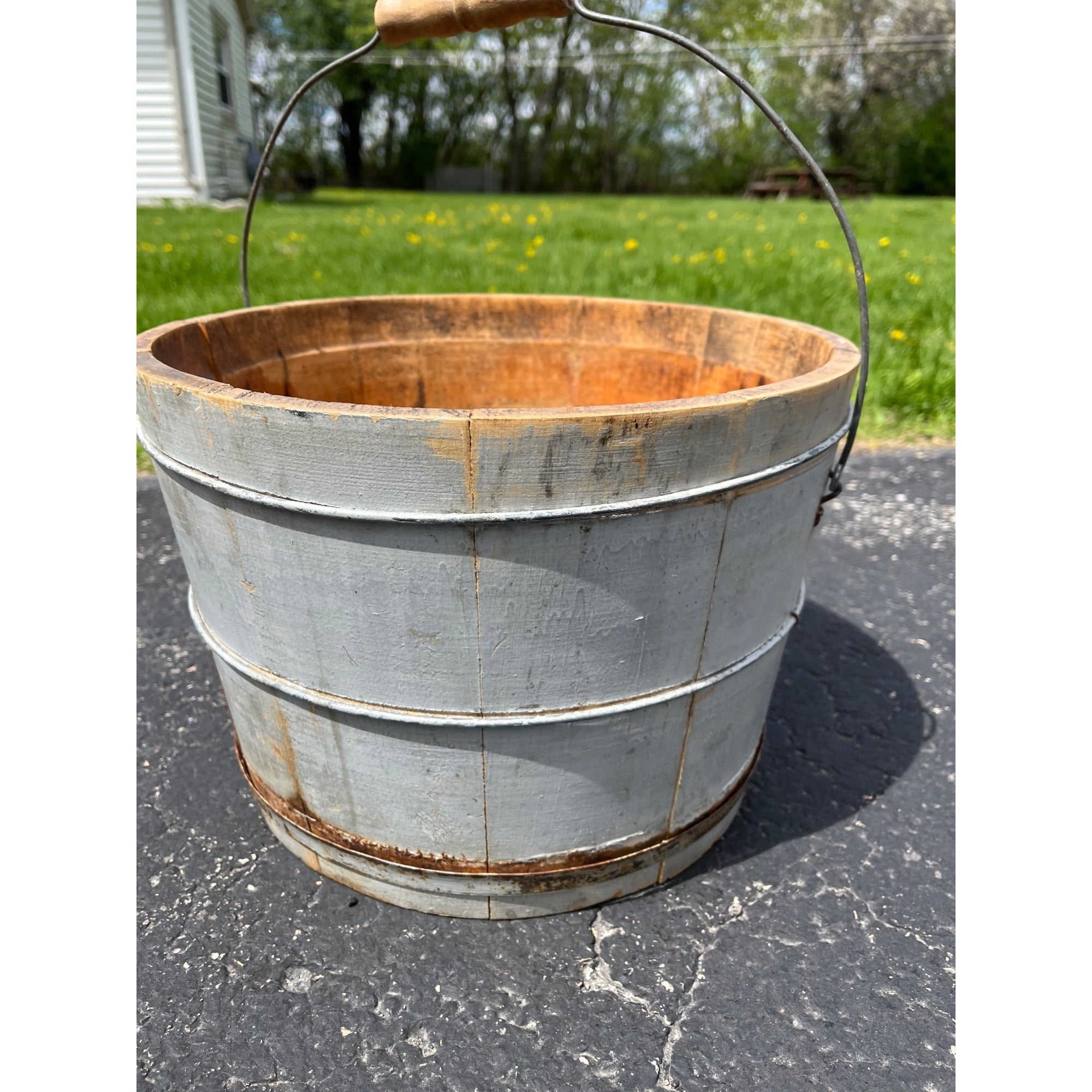 Antique Primitive 19th c Original Blue Gray Paint Wood Stave Syrup Pail Bucket