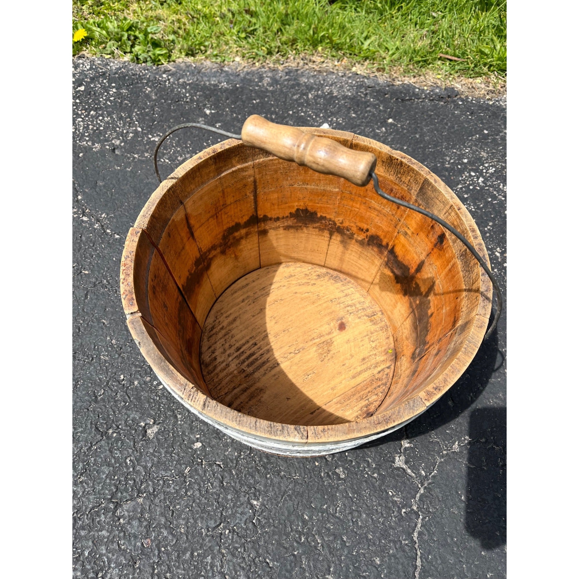 Antique Primitive 19th c Original Blue Gray Paint Wood Stave Syrup Pail Bucket