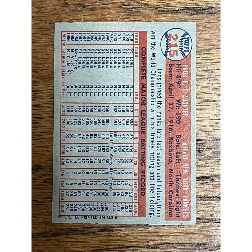 1957 Topps Baseball Enos Slaughter New York Yankees #215 - VG