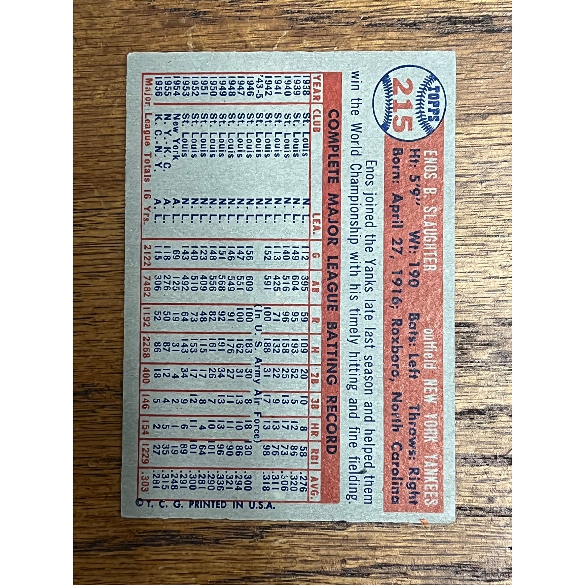 1957 Topps Baseball Enos Slaughter New York Yankees #215 - VG