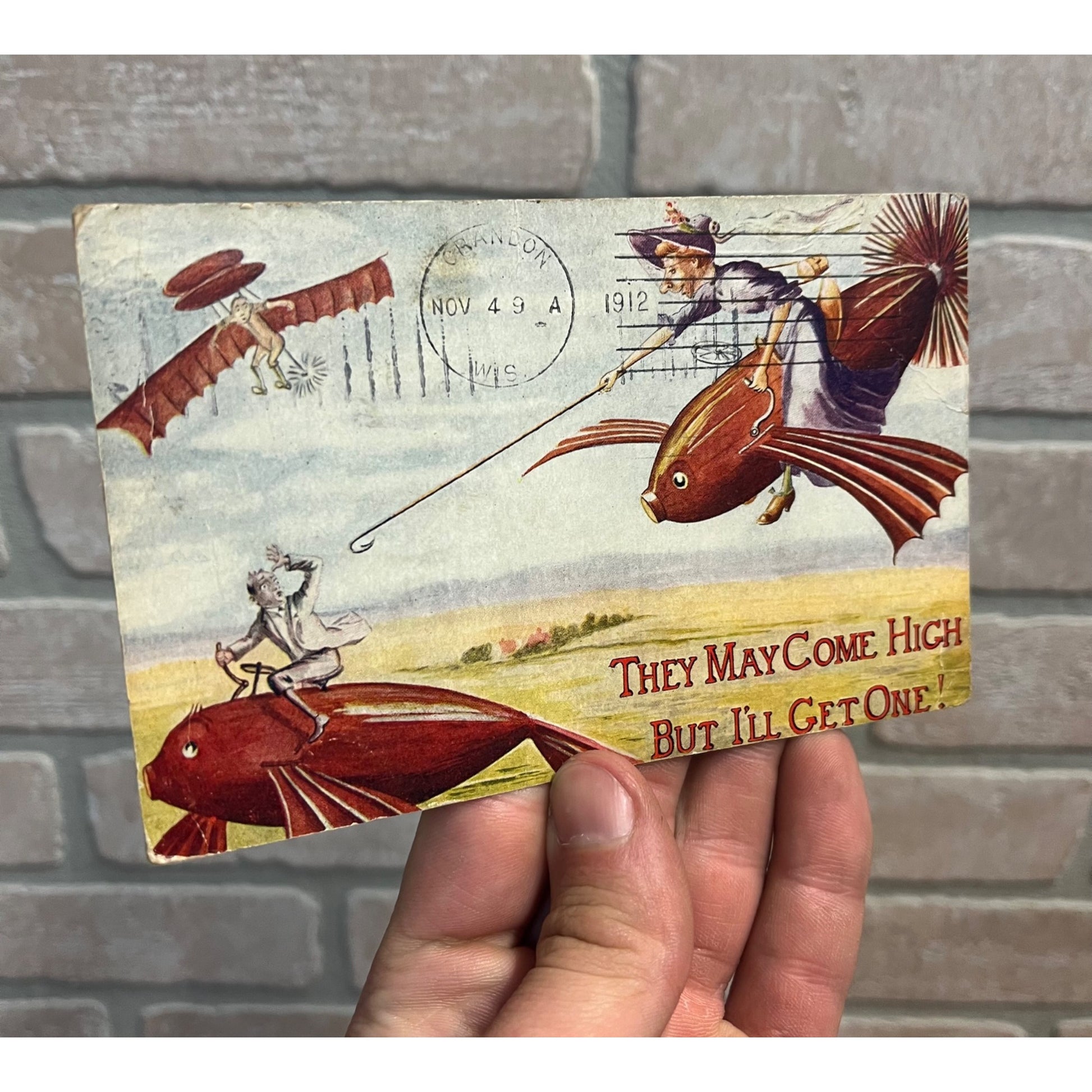 Antique Postcard Witch Woman Riding Flying Fish #324 Strange Oddity