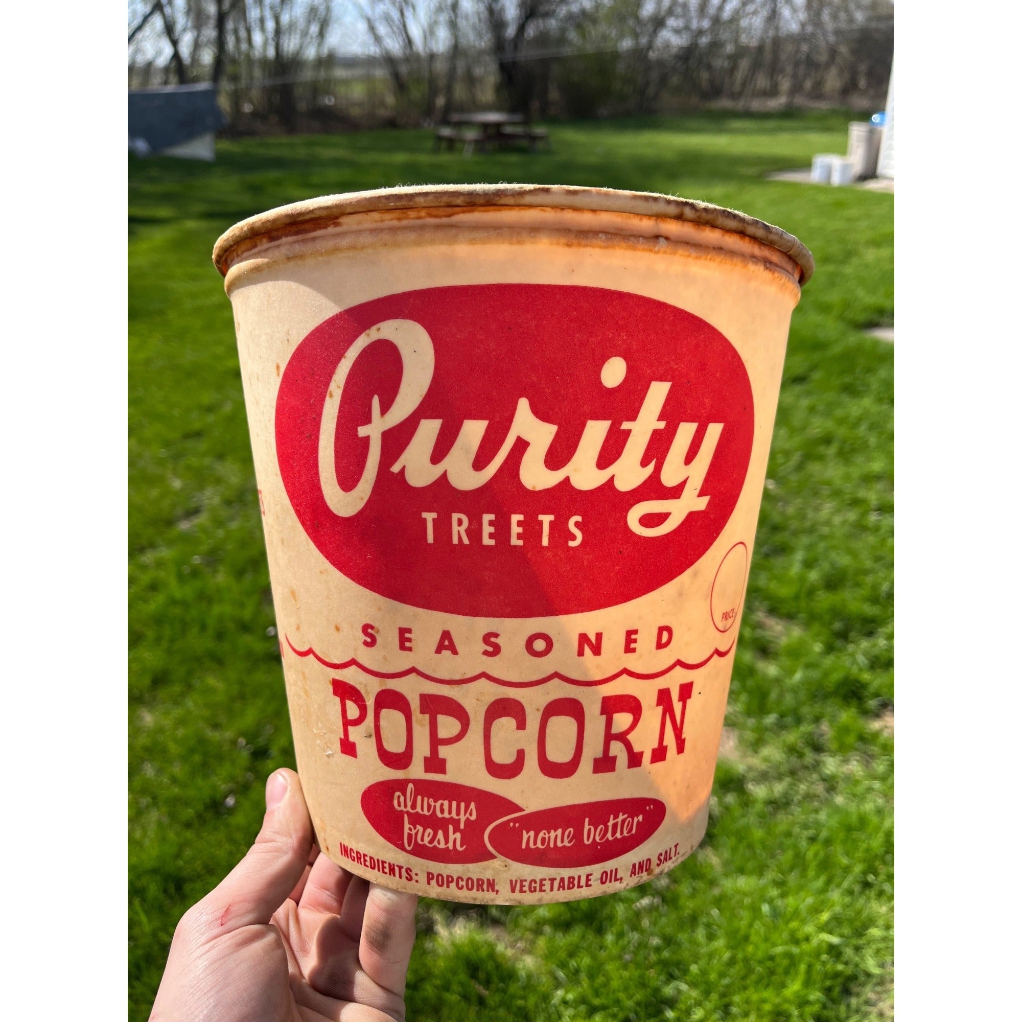 Vintage 1950s Purity Treats Seasoned Popcorn Advertising Paper Tub Butler Wis