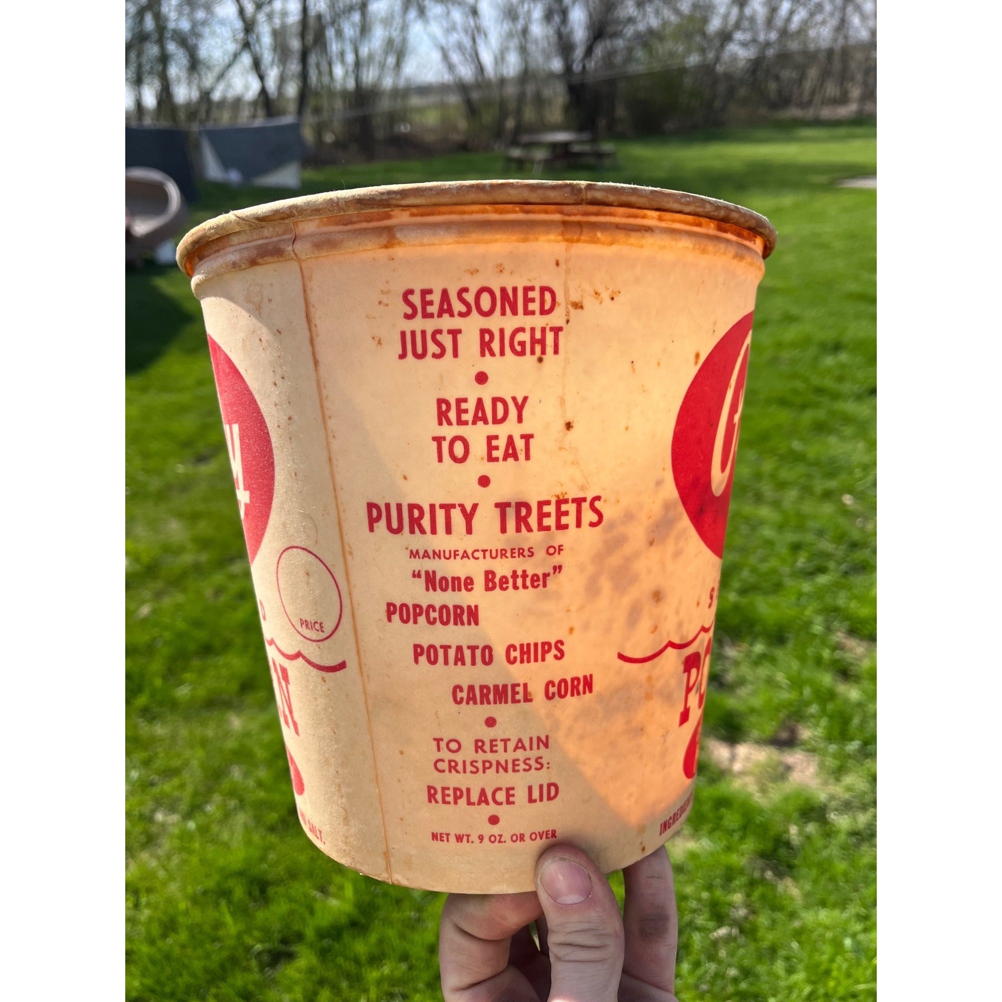 Vintage 1950s Purity Treats Seasoned Popcorn Advertising Paper Tub Butler Wis