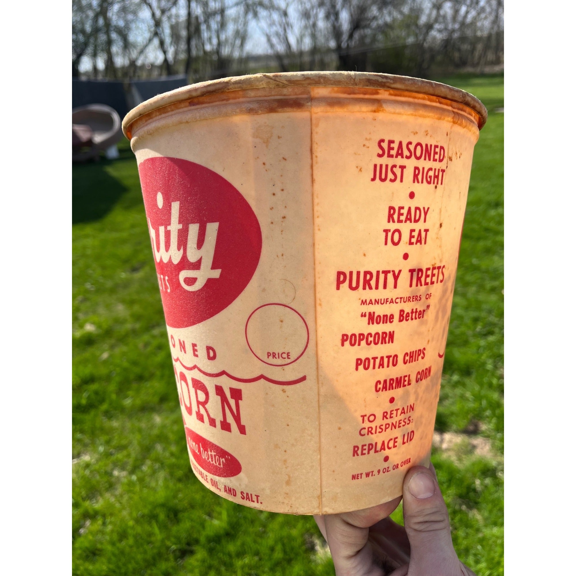 Vintage 1950s Purity Treats Seasoned Popcorn Advertising Paper Tub Butler Wis
