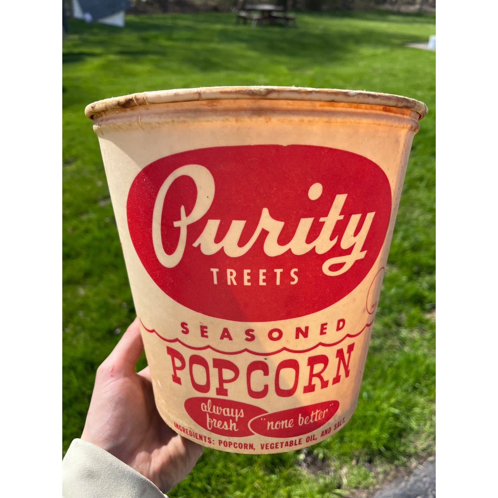 Vintage 1950s Purity Treats Seasoned Popcorn Advertising Paper Tub Butler Wis