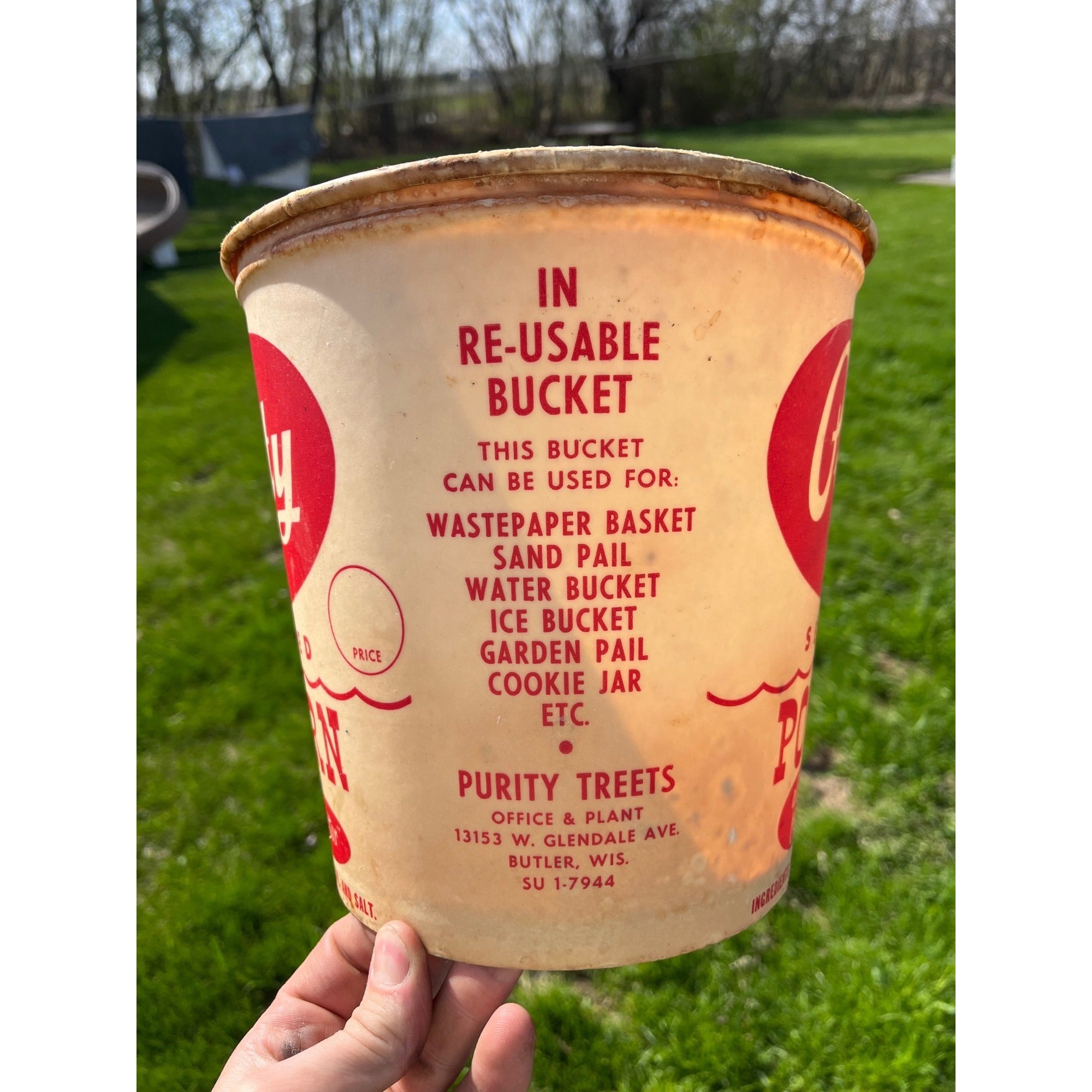 Vintage 1950s Purity Treats Seasoned Popcorn Advertising Paper Tub Butler Wis