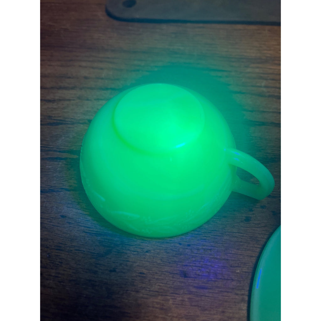 Vintage McKee Jadeite Laurel Child's 3" Cup 4.5" Saucers Glows Uranium