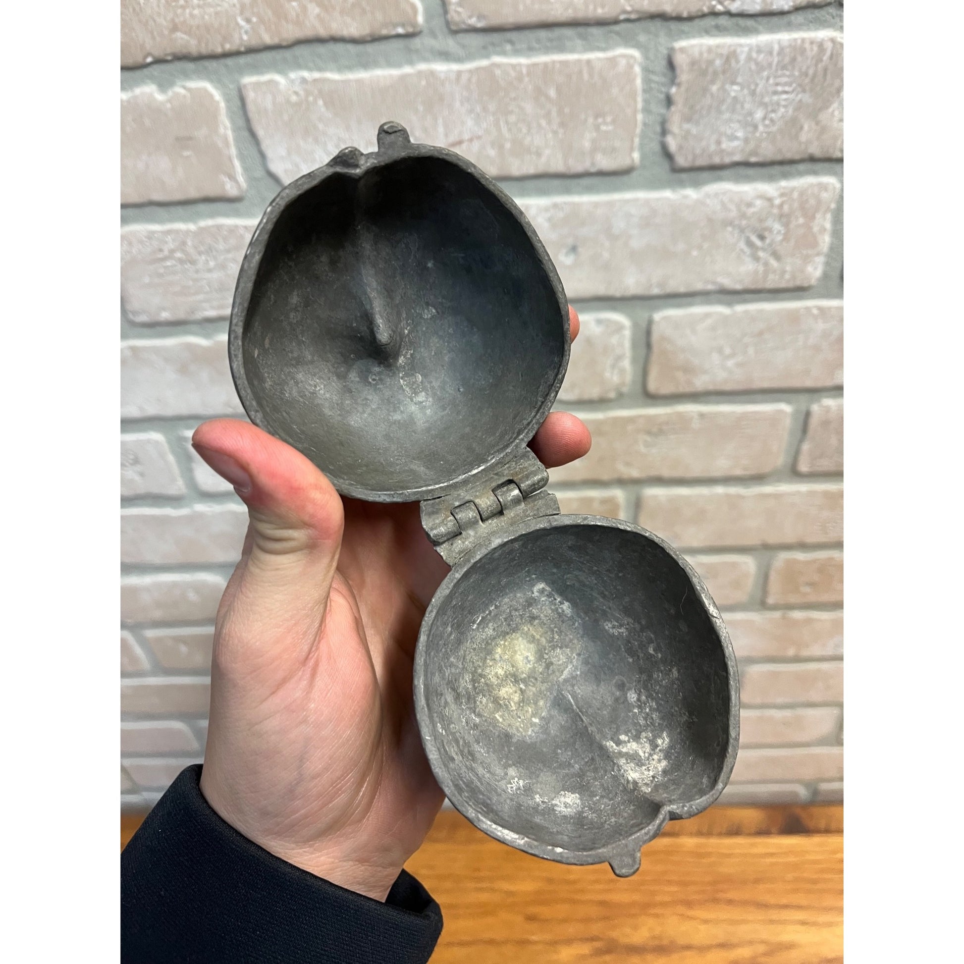 Antique Primitive Pewter Peach Fruit Ice Cream Mold Hinged Farmhouse Country
