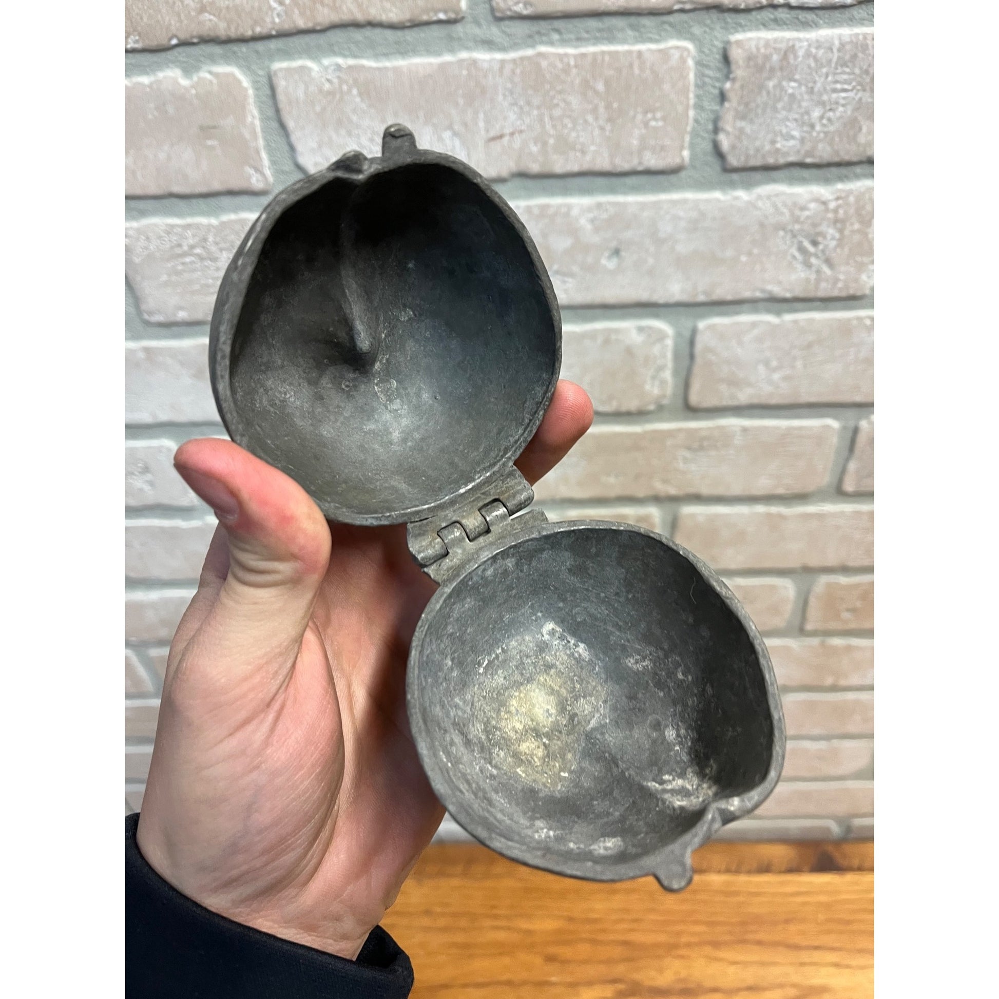Antique Primitive Pewter Peach Fruit Ice Cream Mold Hinged Farmhouse Country