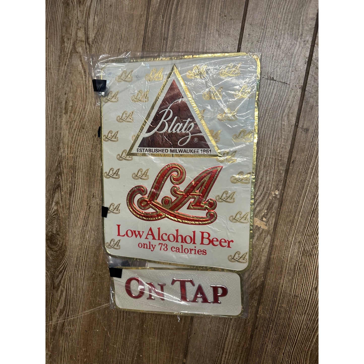 Vintage Blatz Beer Foil Tacker Sign L.A. Low Alcohol On Tap Bar Pub