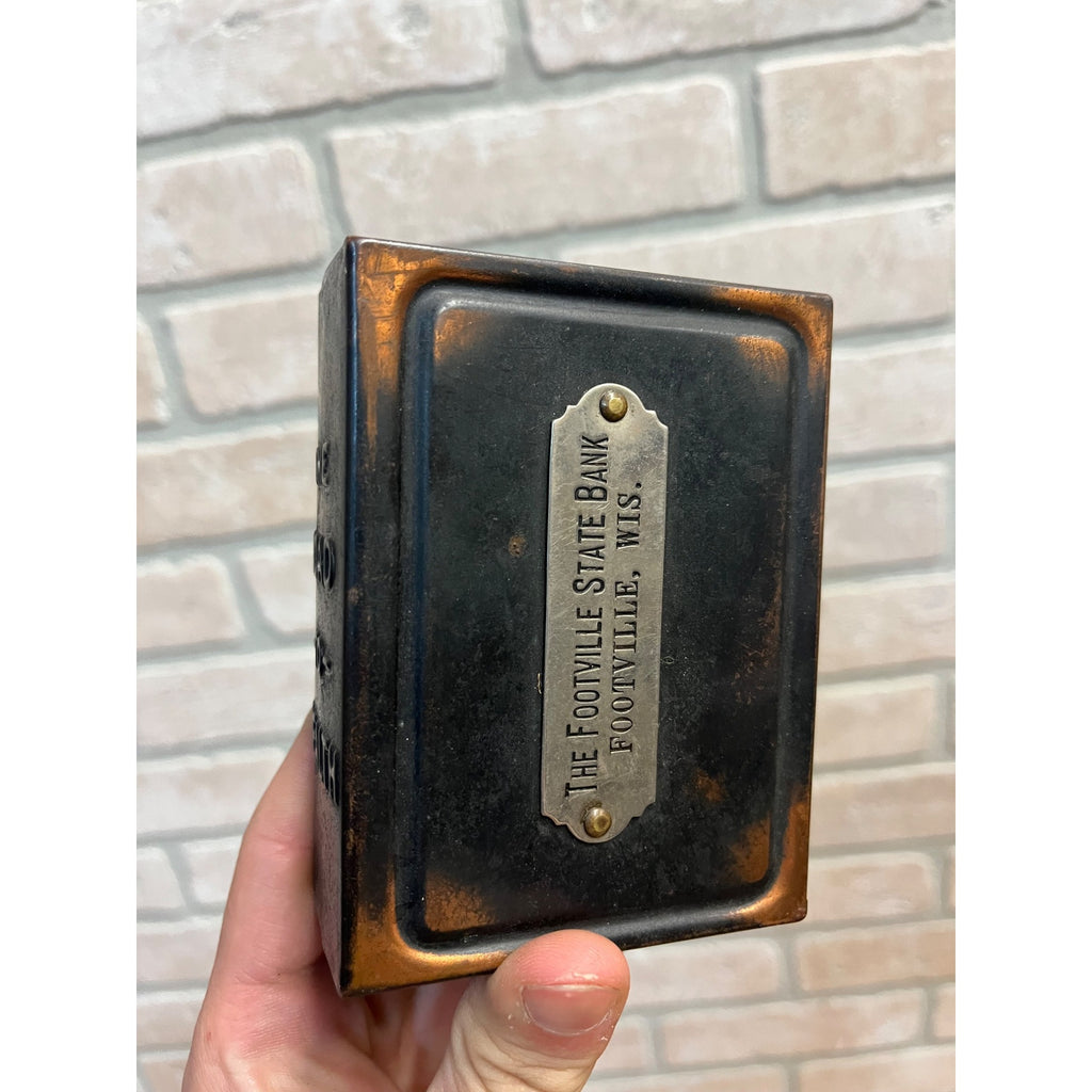 Vintage Early Road to Wealth Book Metal Coin Bank Footville Wisconsin - NO KEY