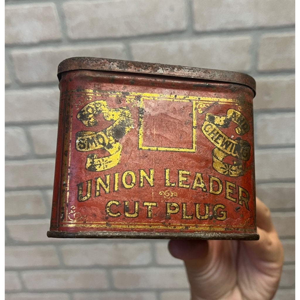 Vintage Union Leader Cut Plug Tobacco Tin Circa Early 1900s Collectible Metal Box