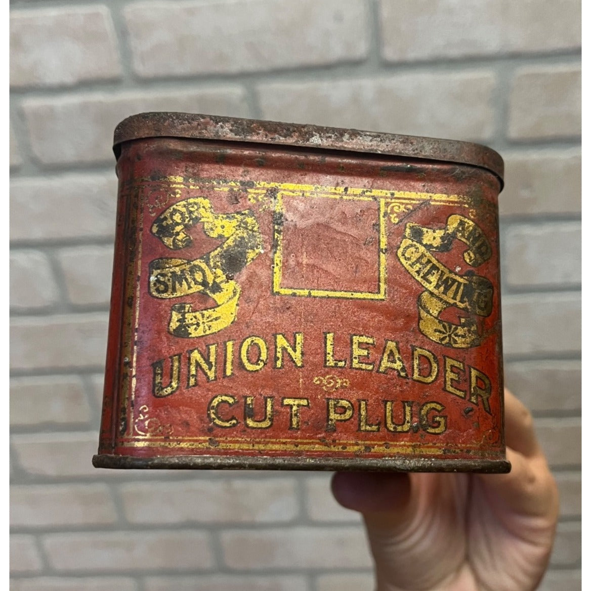 Vintage Union Leader Cut Plug Tobacco Tin Circa Early 1900s Collectible Metal Box