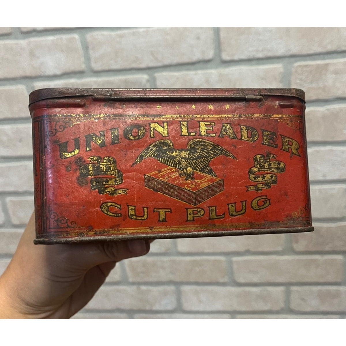 Vintage Union Leader Cut Plug Tobacco Tin Circa Early 1900s Collectible Metal Box