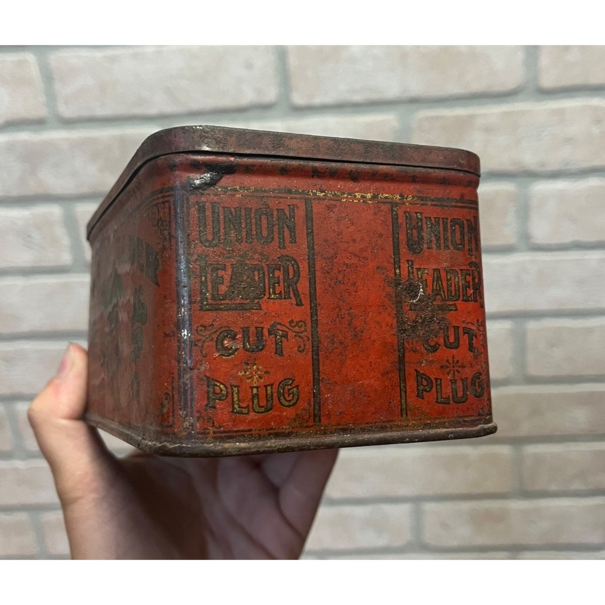 Vintage Union Leader Cut Plug Tobacco Tin Circa Early 1900s Collectible Metal Box