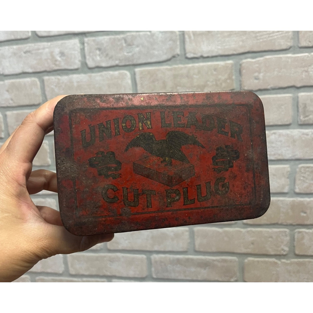 Vintage Union Leader Cut Plug Tobacco Tin Circa Early 1900s Collectible Metal Box