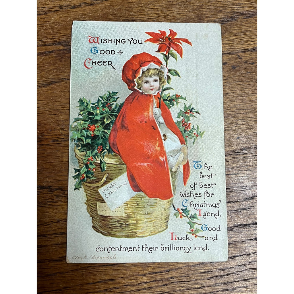 Vintage Ellen H. Clapsaddle Signed Christmas Postcard No. 1887 Girl in Basket