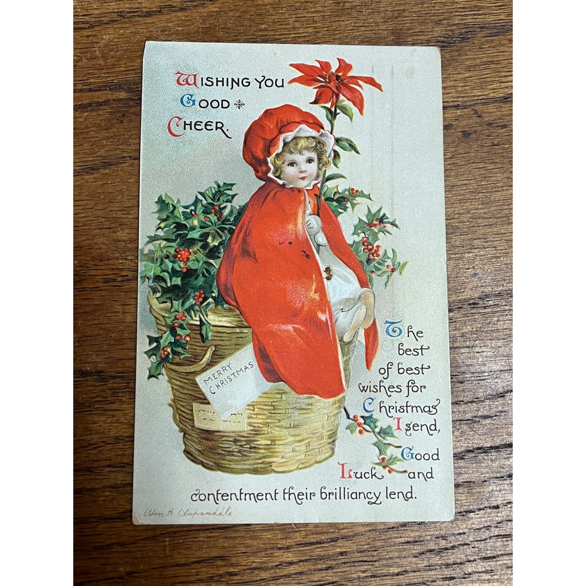 Vintage Ellen H. Clapsaddle Signed Christmas Postcard No. 1887 Girl in Basket