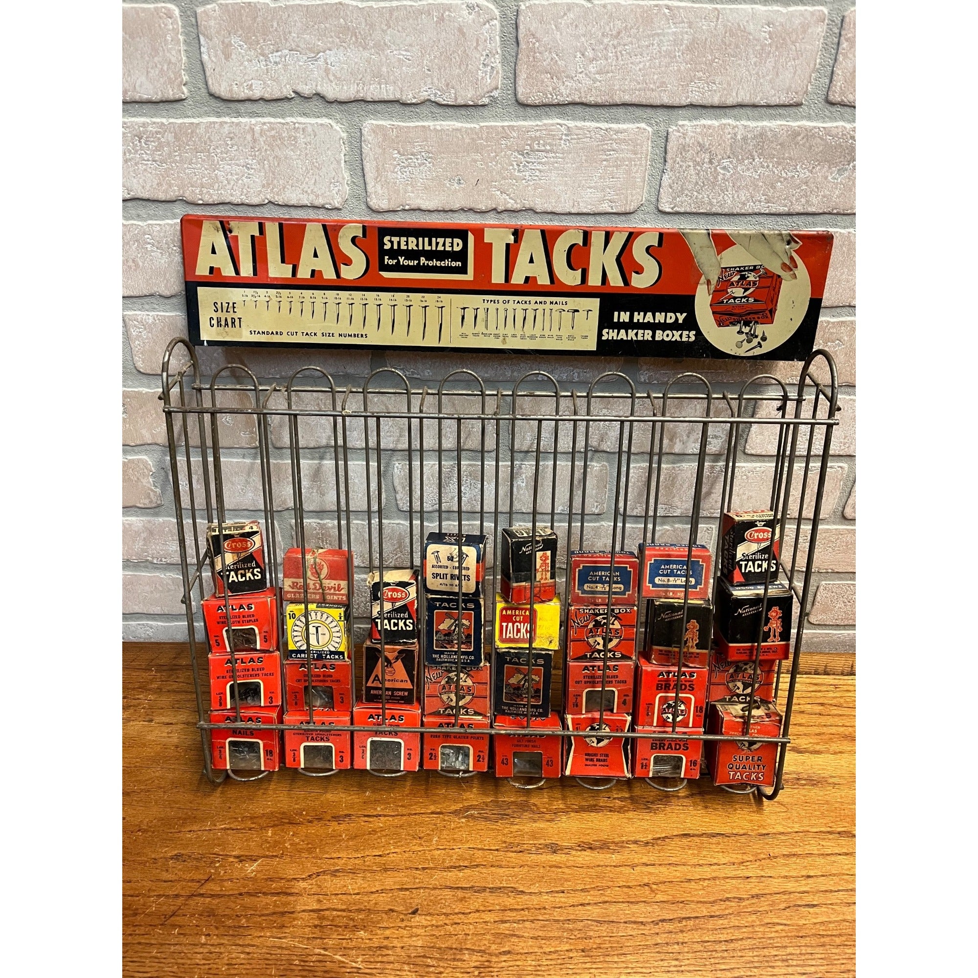 Vintage Atlas Tacks Hardware Store Display + Boxes Advertising Display Rack Sign