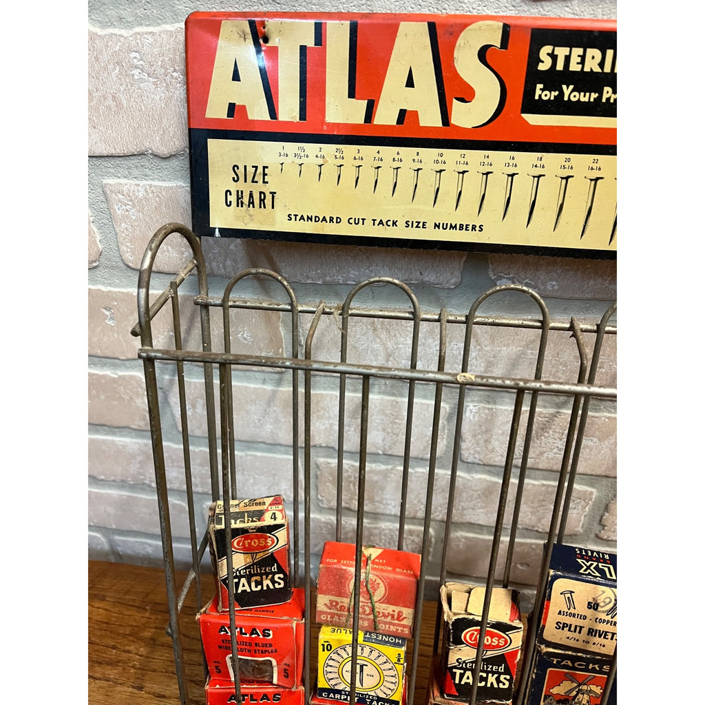 Vintage Atlas Tacks Hardware Store Display + Boxes Advertising Display Rack Sign