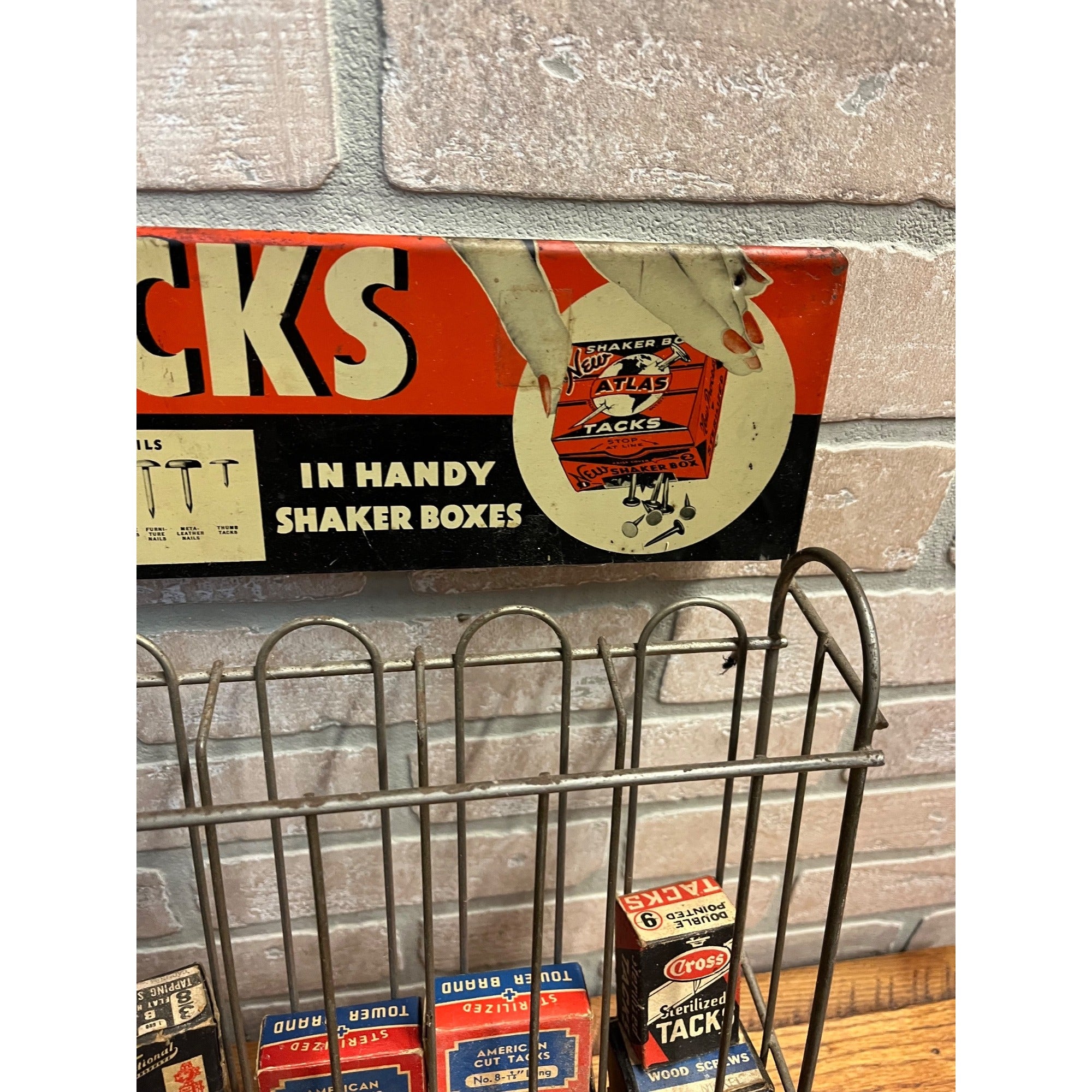 Vintage Atlas Tacks Hardware Store Display + Boxes Advertising Display Rack Sign