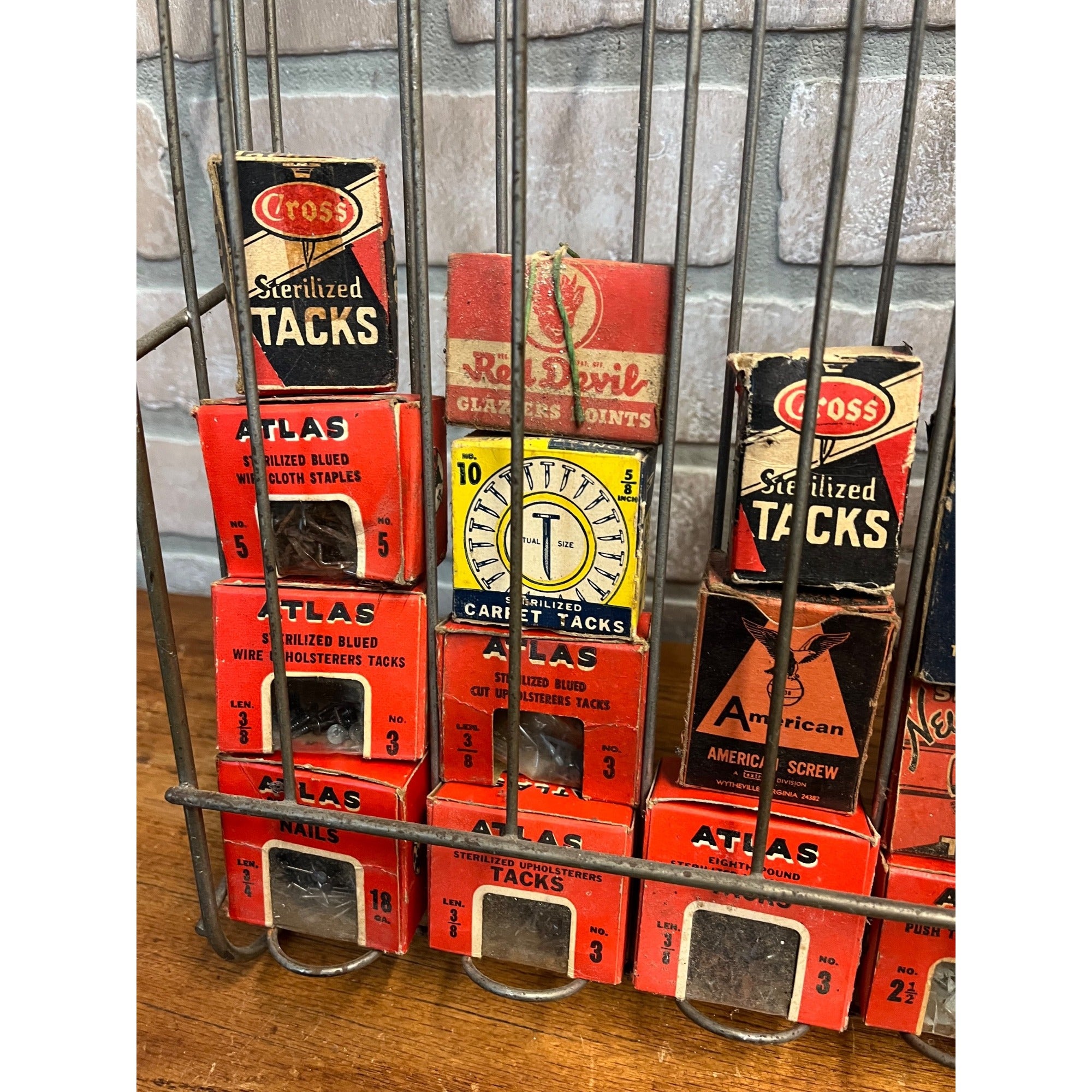 Vintage Atlas Tacks Hardware Store Display + Boxes Advertising Display Rack Sign