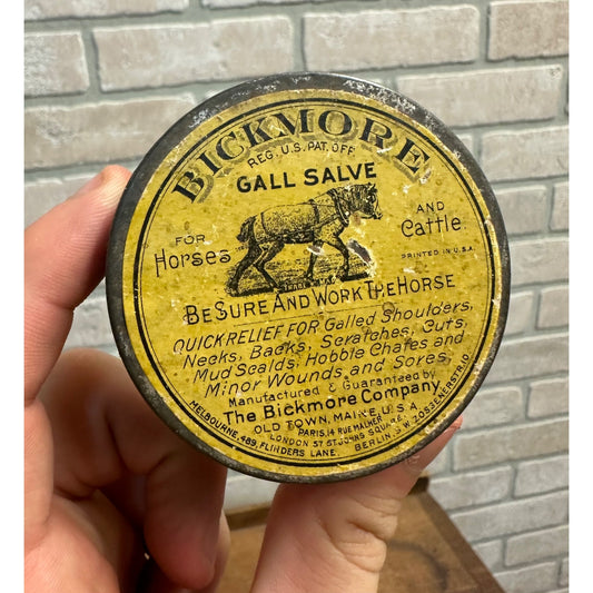 Vintage Early 1900s Bickmore's Gall Salve for Horses & Cattle Advertising Tin Can