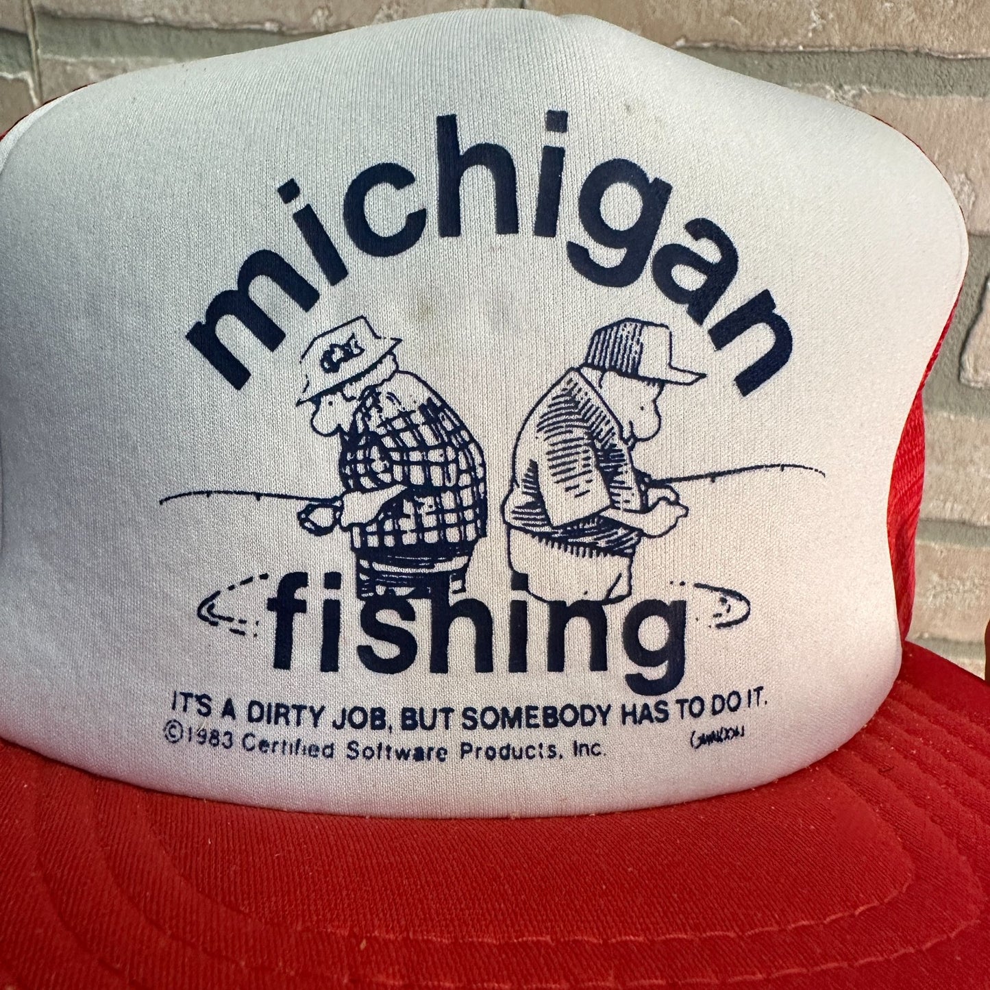 1983 MICHIGAN FISHING COMEDIC FUNNY RED WHITE RETRO SNAPBACK HAT