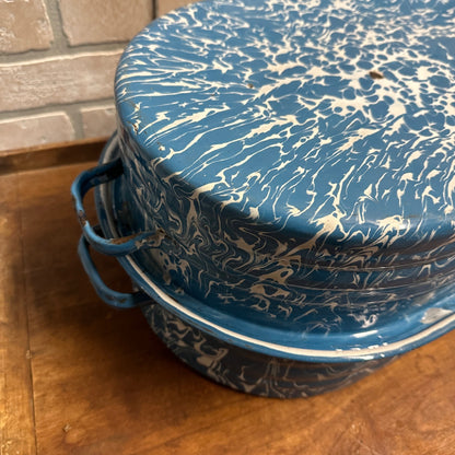 Antique Primitive Blue Swirl Enamelware Roaster Pan Vintage Farmhouse