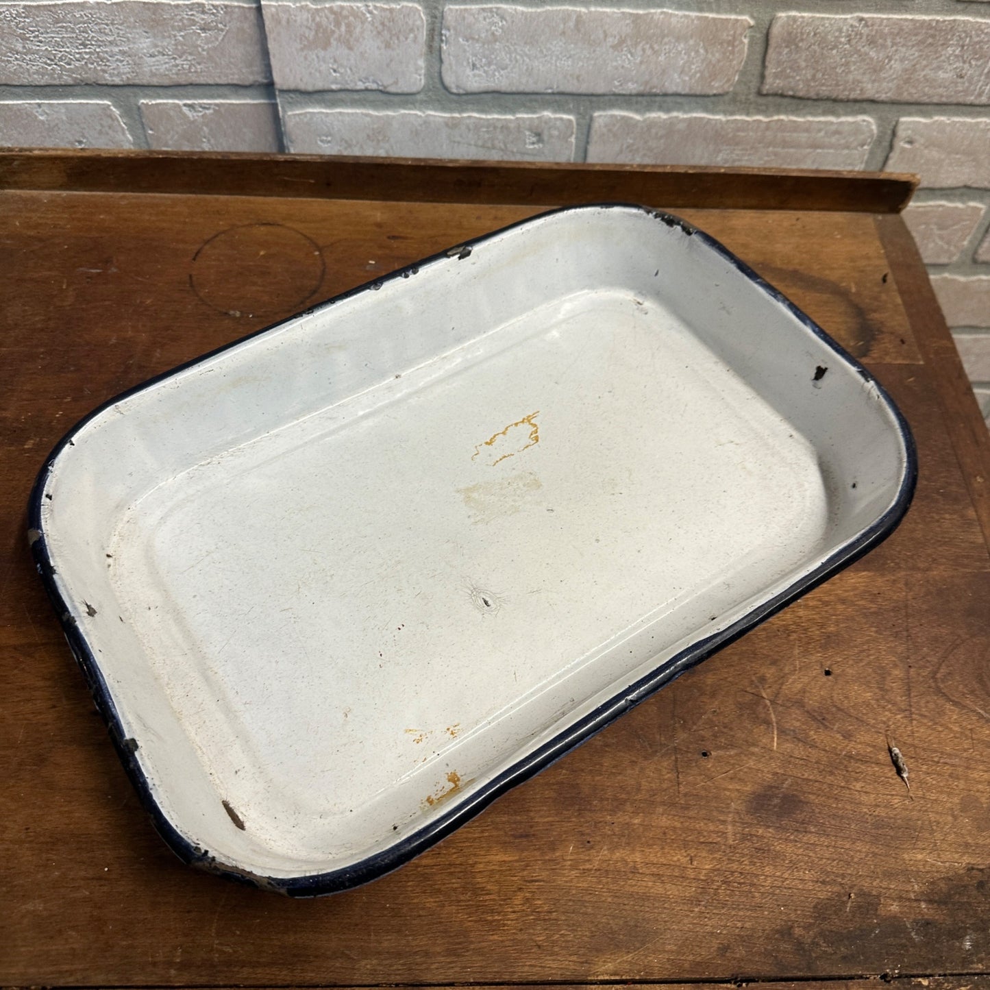 Antique Primitive Blue White Swirl Enamelware Baking Pan Dish Vintage Farmhouse