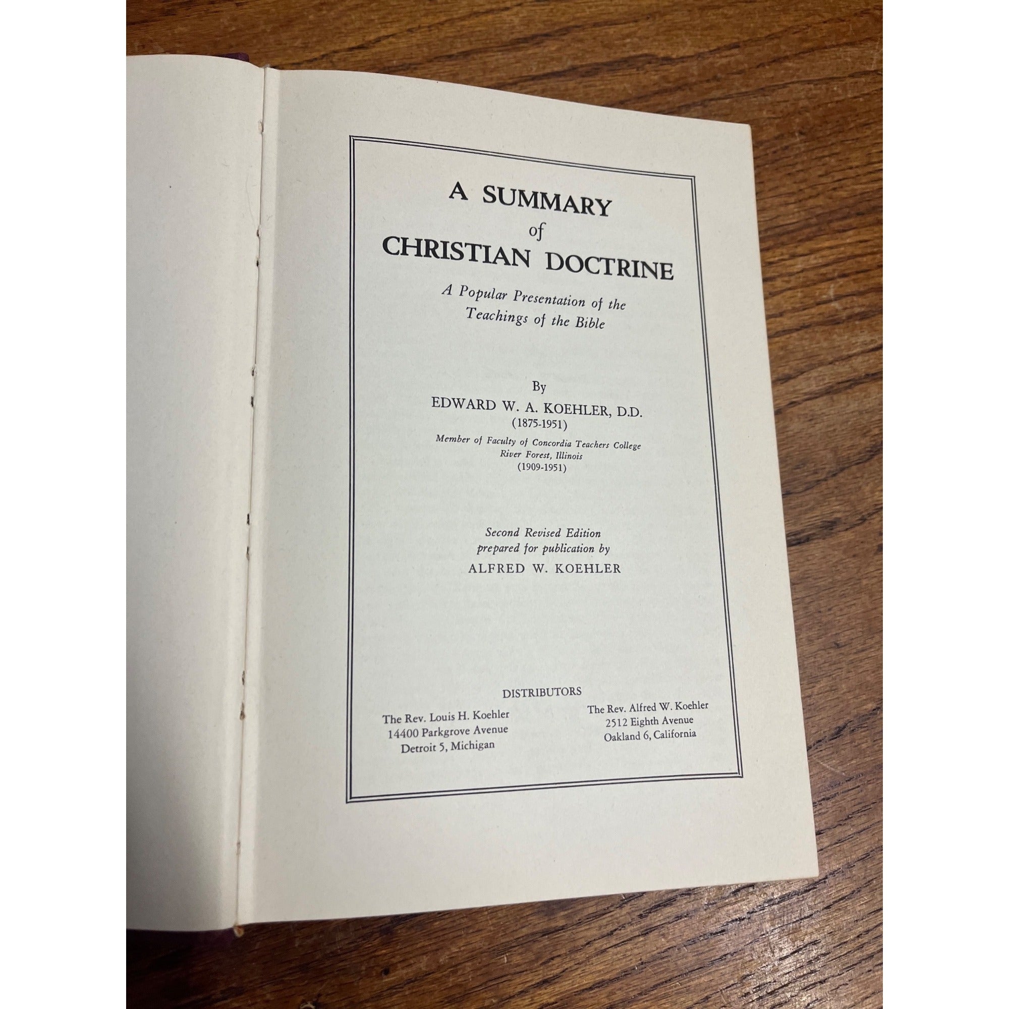 Vintage A Summary of Christian Doctrine Hardcover by Edward W.A. Koehler 1939 USA Bible Teachings