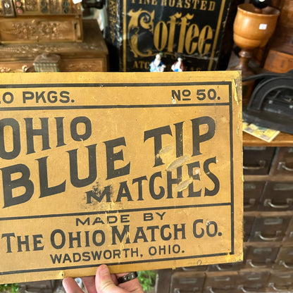 Vintage Ohio Blue Tip Matches Cardboard Advertising Sign Box End