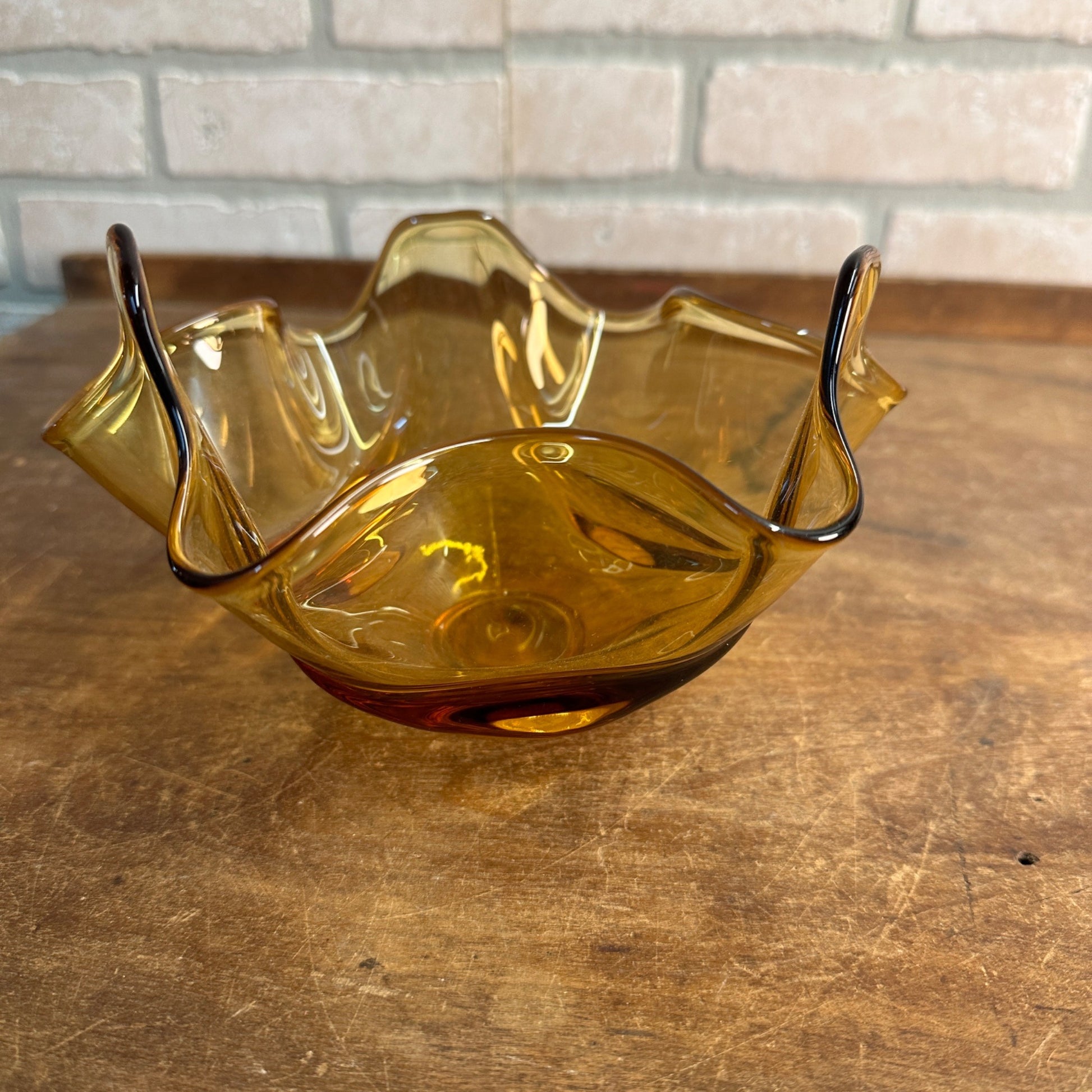 Vintage Viking Art Glass - Bowl Epic Drape Handkerchief Pattern Amber Decor MCM