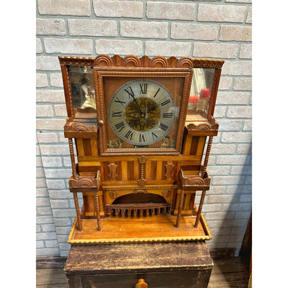 Vintage 1950s Tramp Art / Folk Art Large Ornate Clock w/ Mirrors