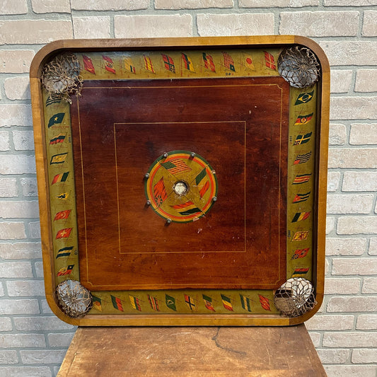 ANTIQUE "FLAGS OF THE NATION" CARROM COMBINATION BOARD GAME CIRCA 1900