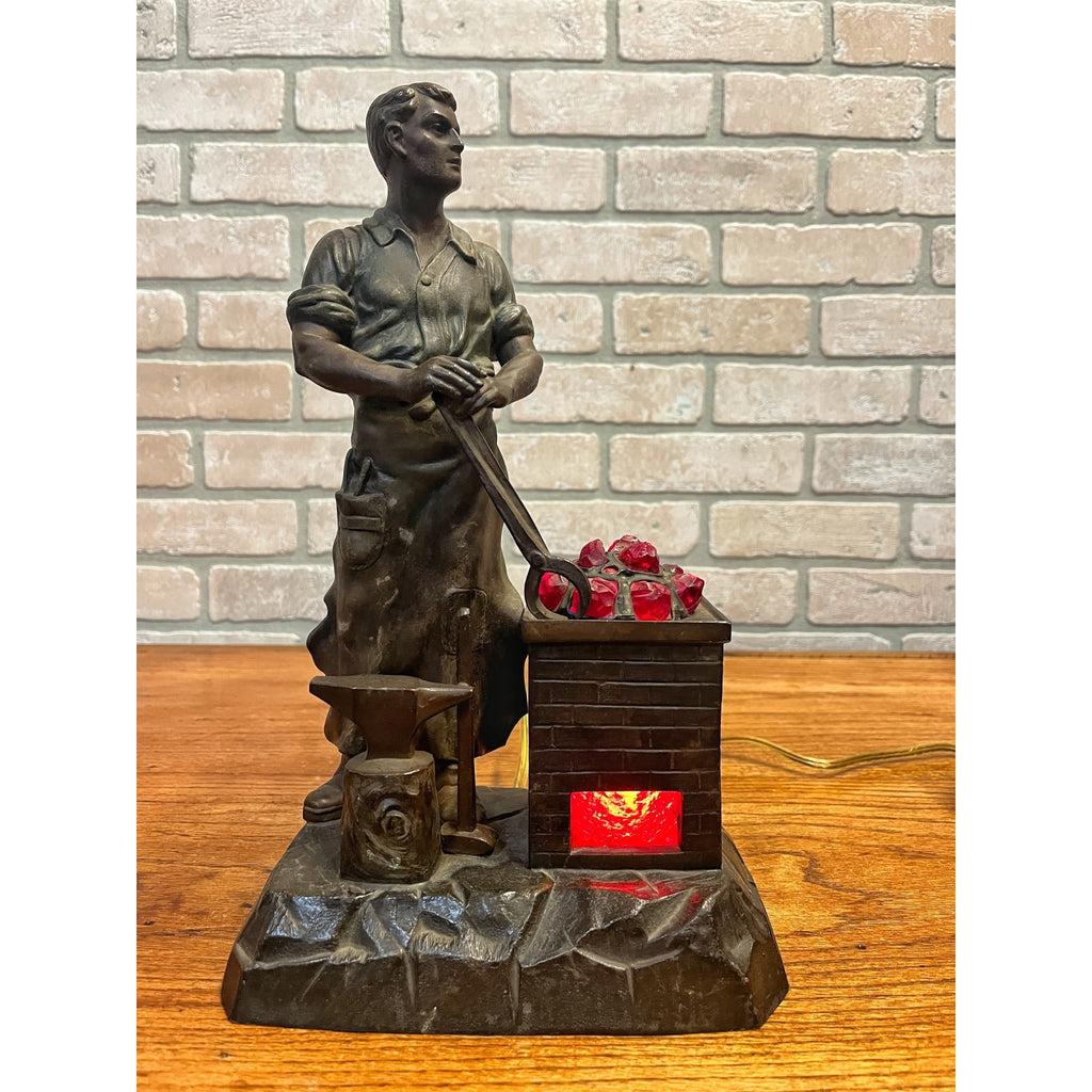 Antique German Spelter Blacksmith Figural Electric Lamp Glowing Forge c.1910