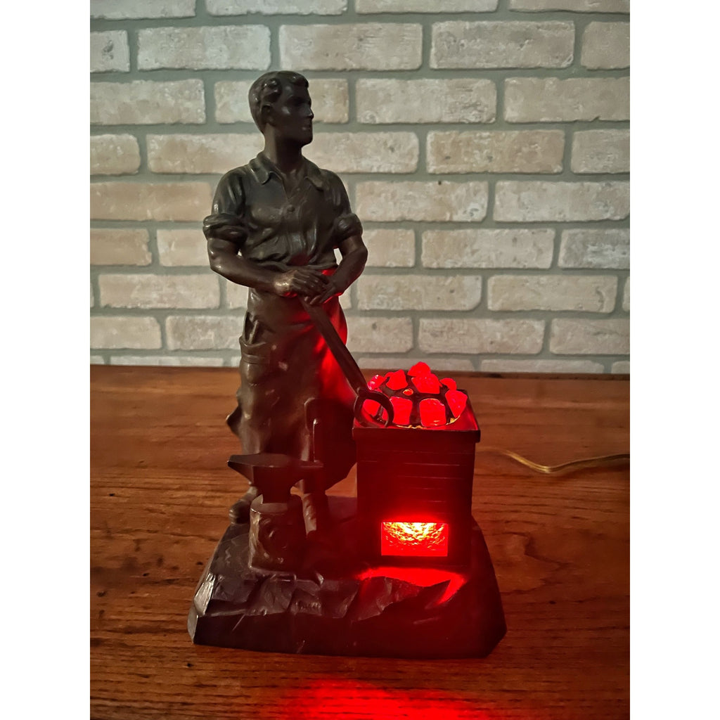 Antique German Spelter Blacksmith Figural Electric Lamp Glowing Forge c.1910